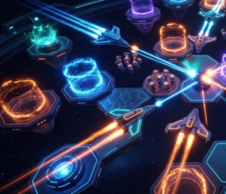 Futurisztikus aréna és űrcsata jelenet az Astro Duel 2 játékmenetéből