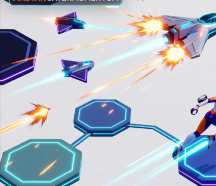 Astro Duel 2 játékmenet áttekintő jelenet űrhajókkal és platformharccal