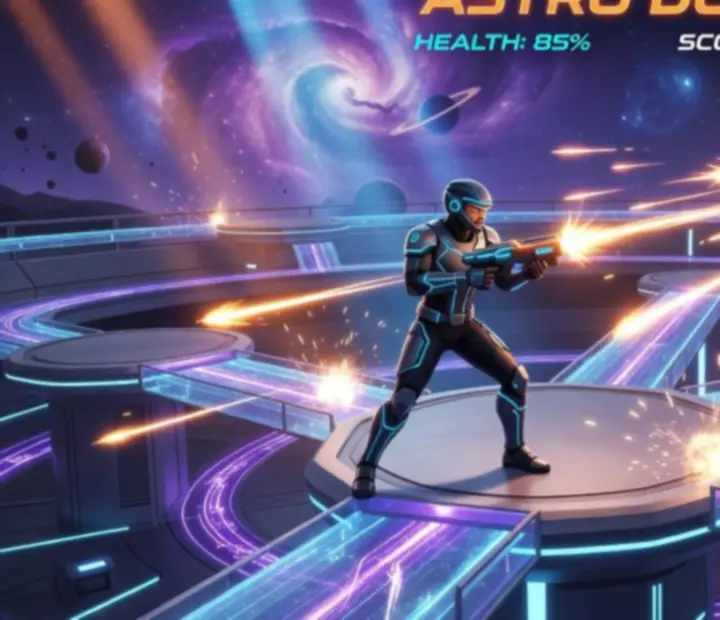 Astro Duel 2 aréna játékmenet, ahol űrhajók és platformharc egyszerre látható