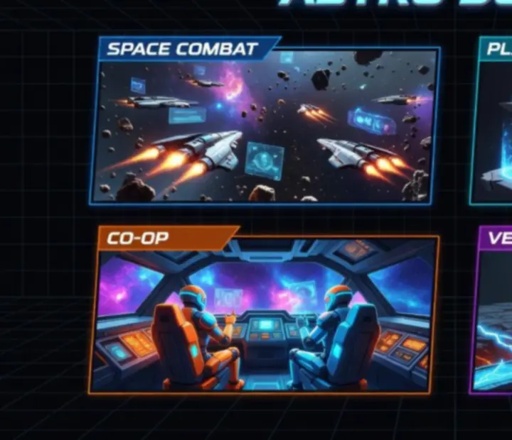 Astro Duel 2 játékmódok futurisztikus áttekintő képernyője