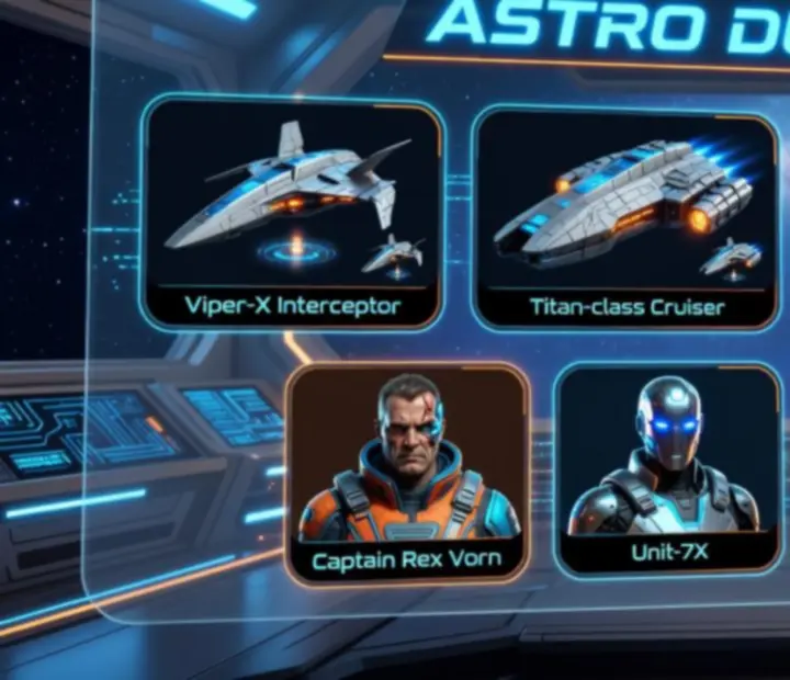 Különféle űrhajók és pilóták választófelülete az Astro Duel 2-ben
